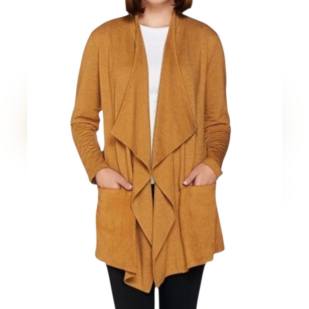 Tan Drape Front Waterfall Cardigan French Terry Faux Suede Lounge Western 3X‎